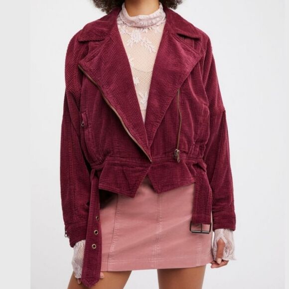 Free People Slouchy Dolman Moto Jacket Corduroy Burgundy Full Zip Lined Belted M - Picture 1 of 16